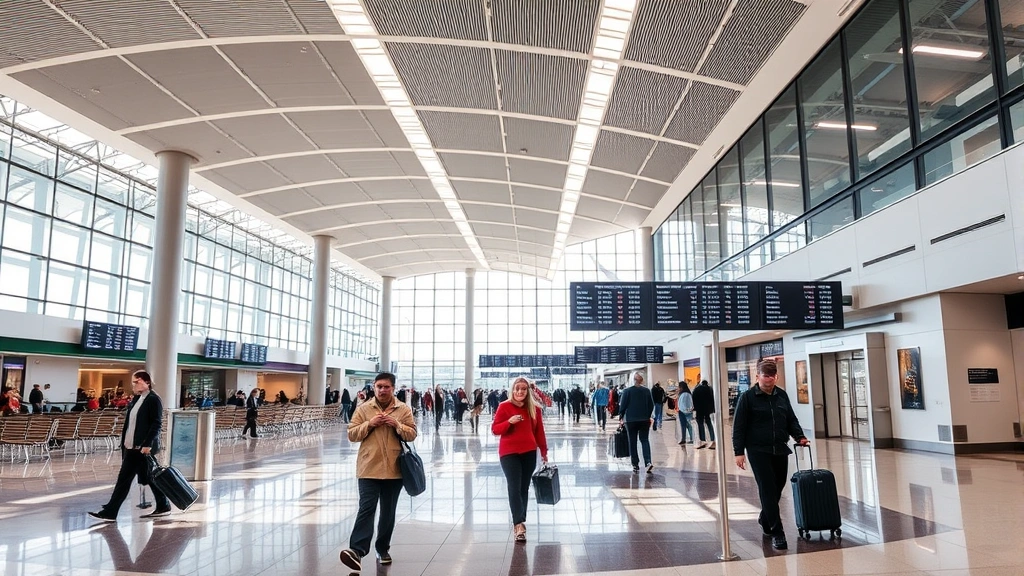 Modern airport terminal with bright natural lighting, travelers with luggage walking through clean hallways, digital flight information displays showing departure times, contemporary architecture with soaring ceilings and glass panels