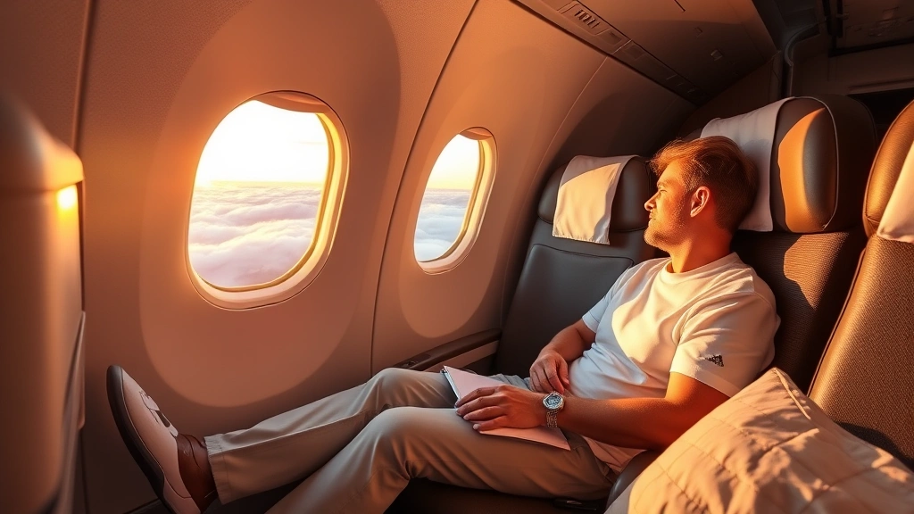 Comfortable airplane cabin interior showing passenger in premium seat with extended legroom, window view of clouds at sunset, warm cabin lighting, passenger using airline amenities and comfort items