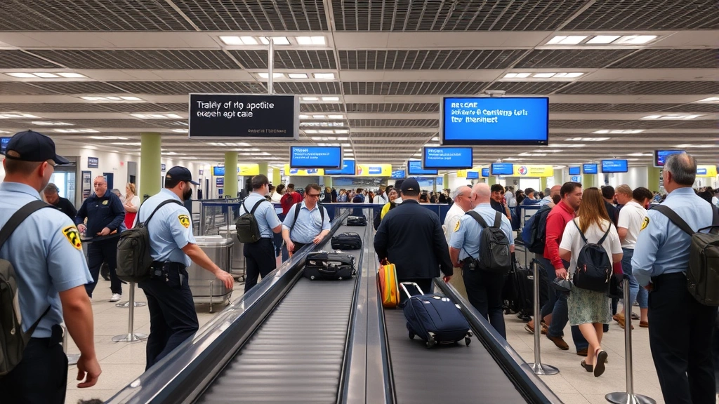 Busy airport security checkpoint with TSA agents screening passengers, conveyor belts with carry-on luggage, organized queue lines, professional security screening environment with clear signage