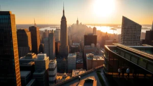 Aerial view of Manhattan skyline with Empire State Building visible, modern skyscrapers catching golden hour sunlight, Hudson River reflecting light, professional business travelers with luggage on busy street below, vibrant urban energy