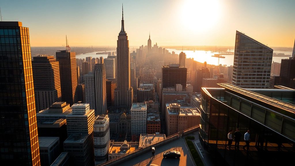 Aerial view of Manhattan skyline with Empire State Building visible, modern skyscrapers catching golden hour sunlight, Hudson River reflecting light, professional business travelers with luggage on busy street below, vibrant urban energy