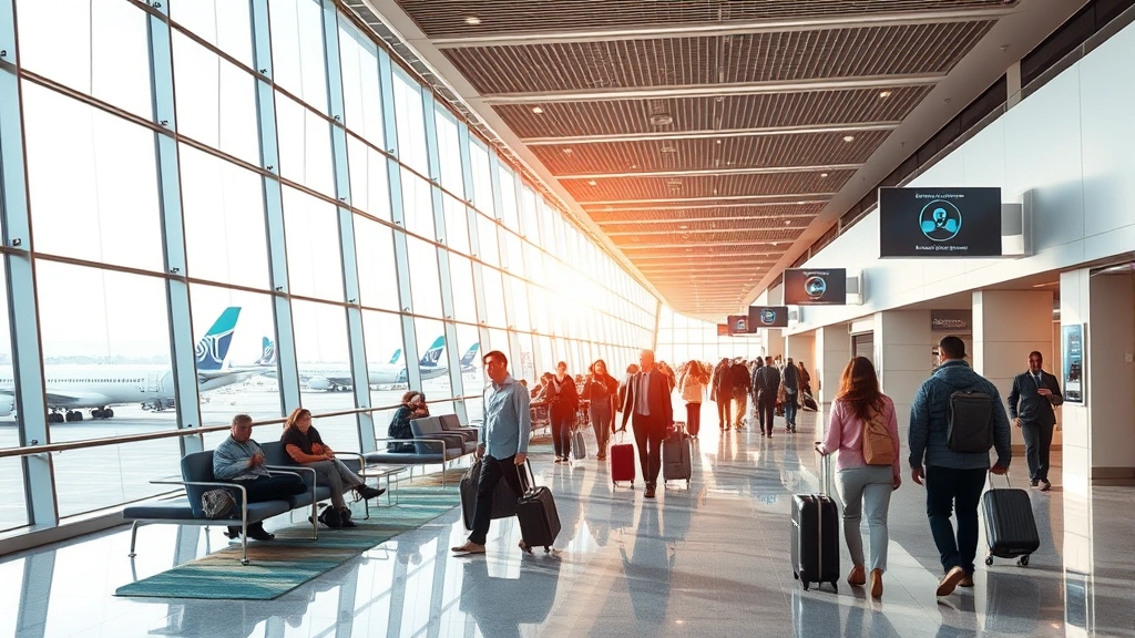 Inside modern airport terminal with contemporary seating, large windows showing planes at gates, diverse travelers with luggage moving through spacious corridor, natural light streaming in, sleek airport architecture and digital displays