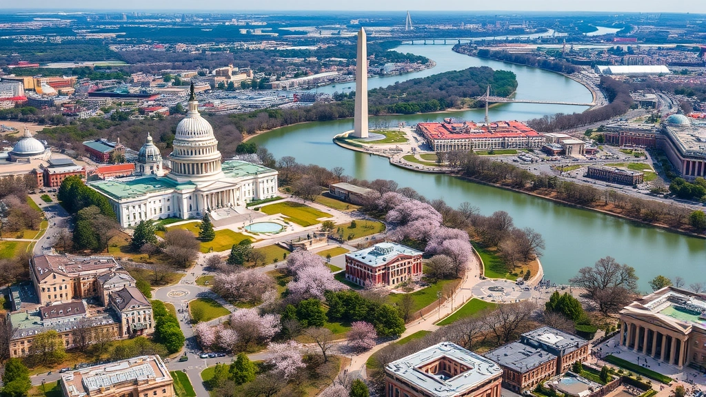 Washington DC iconic monuments visible from above with Capitol Building and Washington Monument prominent, cherry blossom trees in bloom around landmarks, Potomac River winding through landscape, aerial perspective showing cityscape below