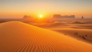 Golden sand dunes at sunset in Merzouga Morocco with rippling patterns and distant rock formations, photorealistic desert landscape photography