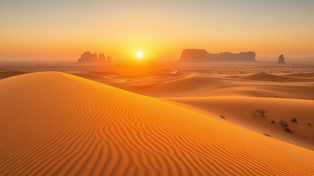 Golden sand dunes at sunset in Merzouga Morocco with rippling patterns and distant rock formations, photorealistic desert landscape photography