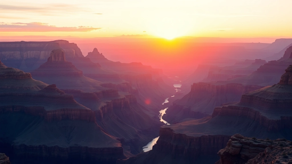 Dramatic sunrise over the Grand Canyon with layered rock formations glowing in golden light, Colorado River visible below, expansive view of canyon depths and distant ridges