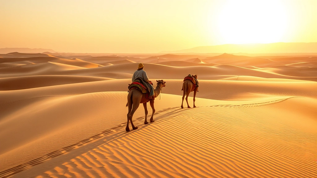Berber guide leading camel caravan across vast Sahara dunes at dawn with golden morning light illuminating sand patterns and distant mountains
