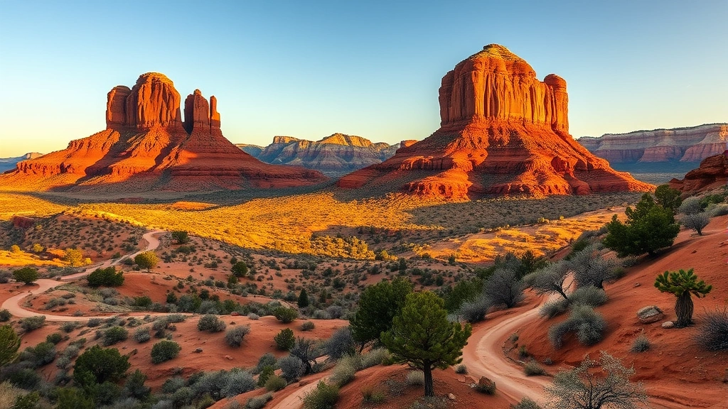 Sedona red rock formations with Cathedral Rock and Bell Rock formations rising from desert landscape, golden hour lighting, hiking trails winding through vibrant russet-colored terrain