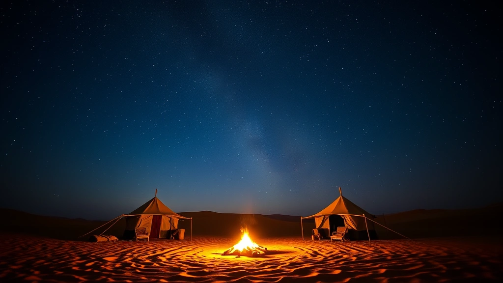 Nomadic desert camp under starry night sky in Moroccan Sahara with traditional tent silhouettes and campfire glow reflecting on sand