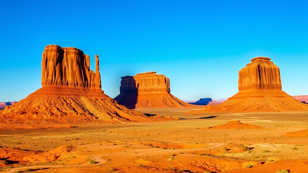 Monument Valley iconic sandstone buttes including the Mittens and Merrick Butte against clear blue sky, desert floor stretching to horizon, dramatic shadows on rock formations