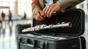Professional flute musician packing hard case with foam inserts at airport terminal, close-up of protective materials and instrument securing, natural lighting