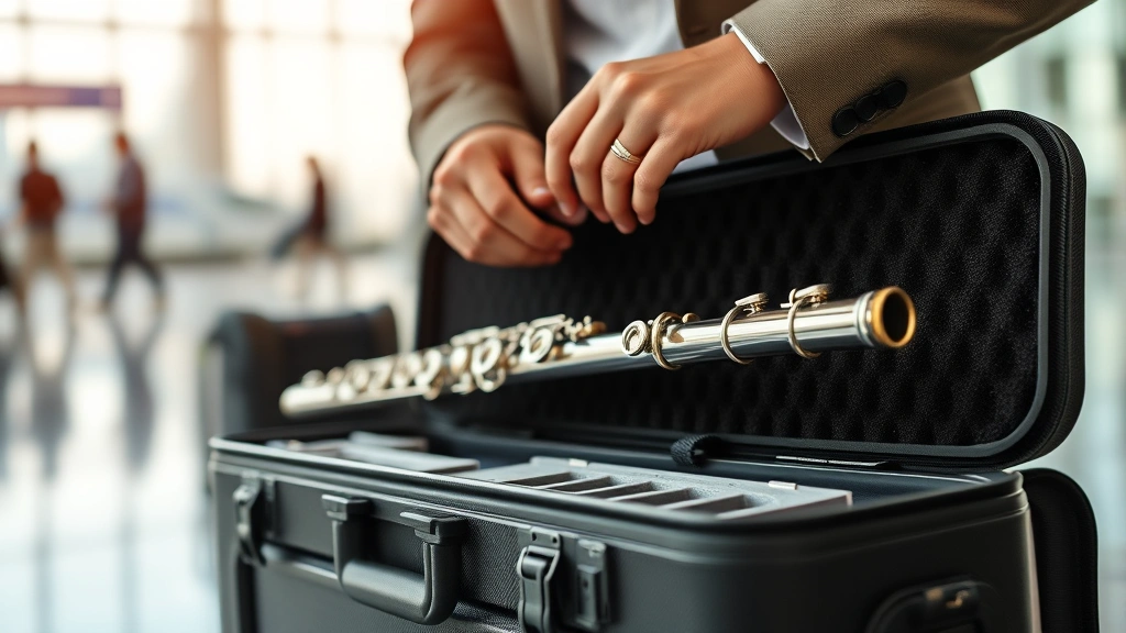 Professional flute musician packing hard case with foam inserts at airport terminal, close-up of protective materials and instrument securing, natural lighting
