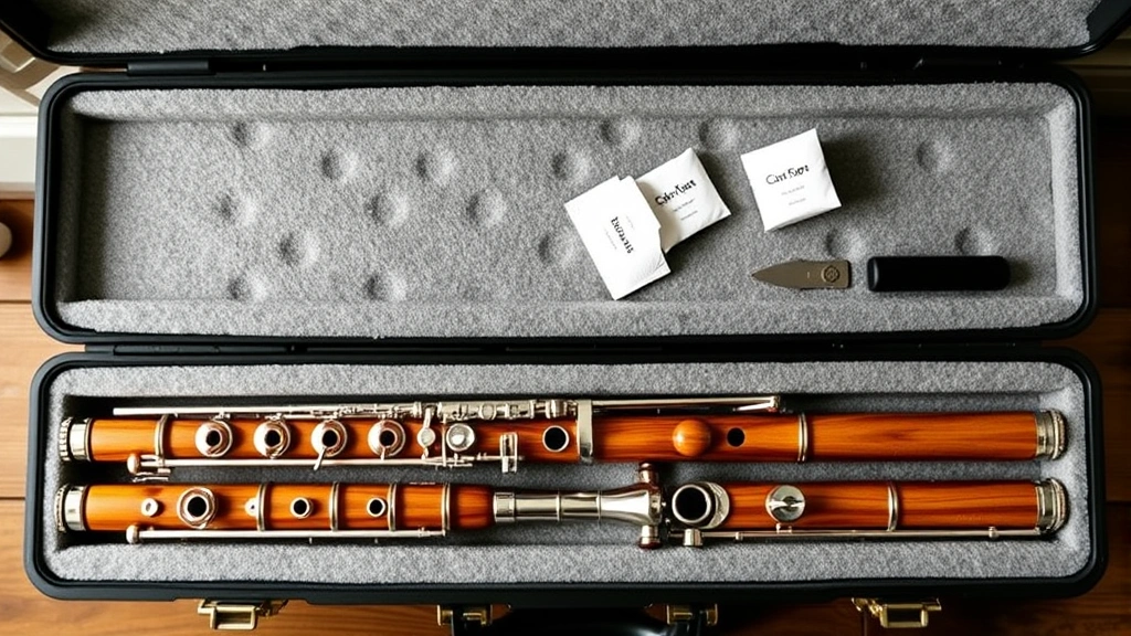 Wooden and metal flutes resting in custom foam-lined hard case, overhead view showing proper positioning and silica gel packets for humidity control
