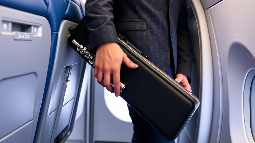 Musician holding flute case while standing at airplane cabin carry-on compartment, demonstrating secure storage of instrument during flight travel
