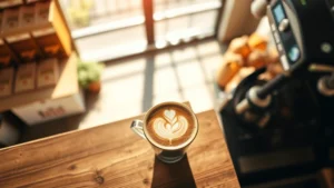 Overhead view of artisanal espresso cup with latte art on wooden counter, warm morning sunlight streaming through café windows, blurred shelves of coffee bags in background