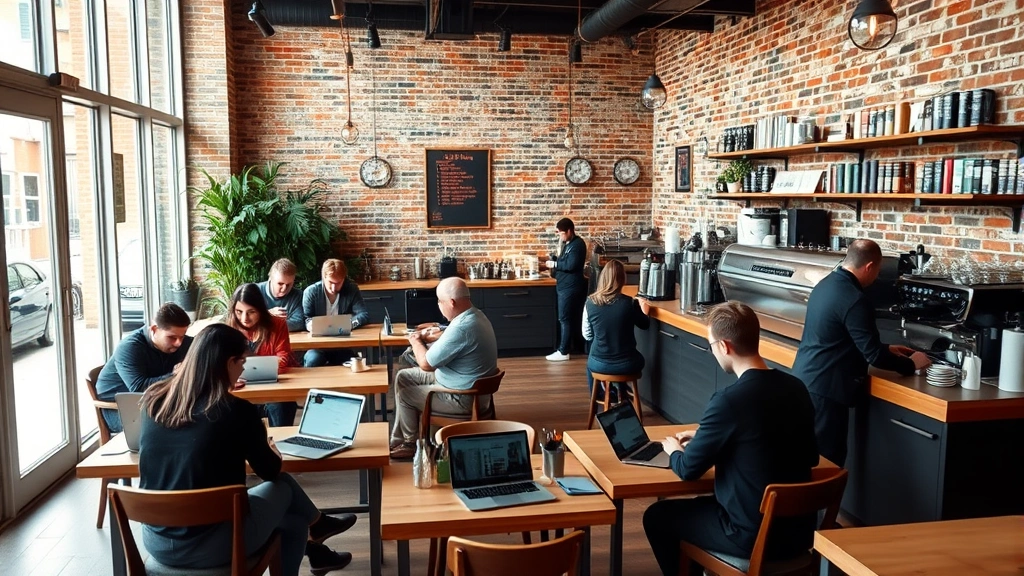 Bustling interior of modern coffee shop with exposed brick walls, customers working on laptops at wooden tables, barista crafting drinks behind espresso machine, natural light from large windows