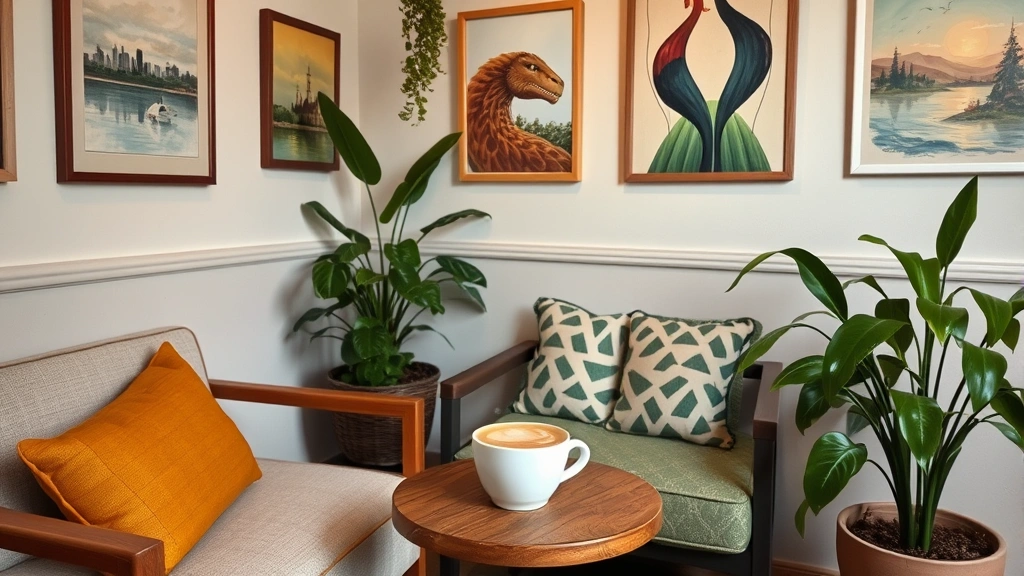 Cozy café corner featuring comfortable seating, potted plants, local artwork on walls, steaming cup of specialty coffee on small table, welcoming and creative atmosphere