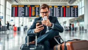 Stressed business traveler sitting in modern airport terminal with luggage, checking phone and boarding pass, departure board showing delays in background, natural lighting from large windows