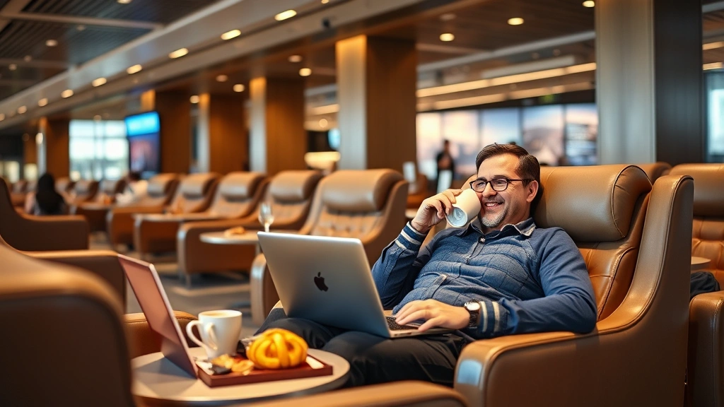 Comfortable airport lounge scene with satisfied frequent flyer relaxing in premium seating, enjoying meal and coffee, working on laptop, modern contemporary design with soft ambient lighting