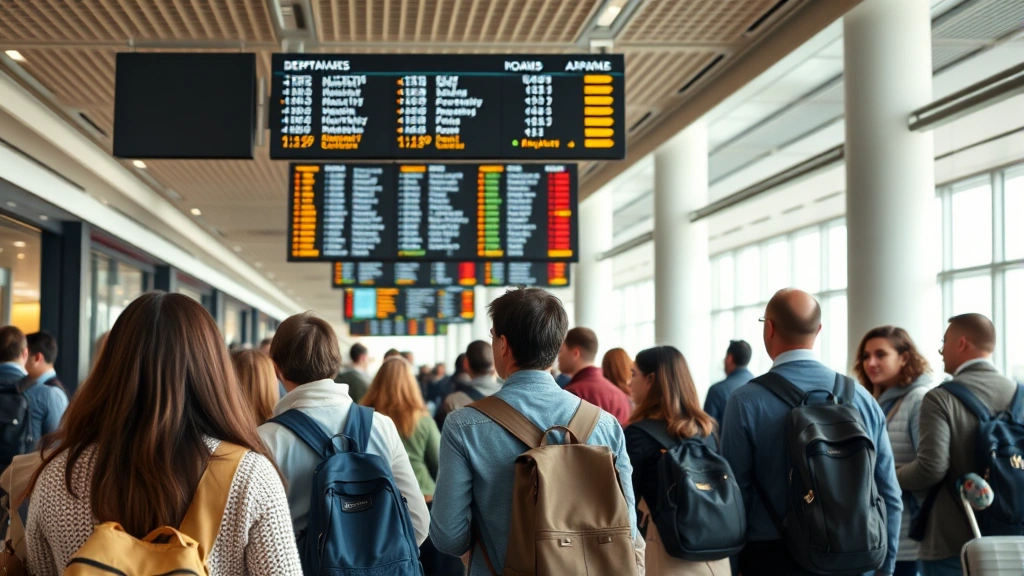 Diverse group of passengers in airport corridor looking at departure boards together, some smiling and discussing, natural airport environment with clean modern architecture and warm lighting