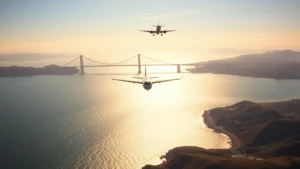 Aerial view of San Francisco Bay with Golden Gate Bridge visible, commercial aircraft approaching SFO airport over sparkling blue water and coastal landscape at golden hour
