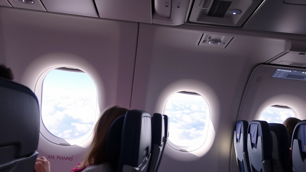 Interior cabin of commercial jet during flight with passengers seated, window showing clouds below, modern aircraft seating with overhead bins and aisle visible
