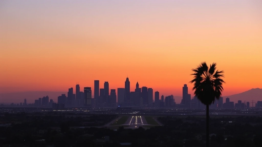 Los Angeles skyline at sunset with downtown skyscrapers, palm trees, and LAX airport in distance with aircraft landing lights visible on runway