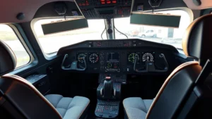 Professional flight simulator cockpit setup with authentic yoke controls, overhead panels, and realistic instrument displays in home environment, natural window lighting