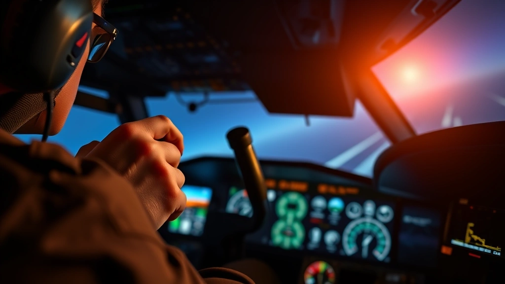 Pilot hands gripping flight sim yoke during intense approach scenario with focused concentration, realistic cockpit lighting and instrument panel visible in background