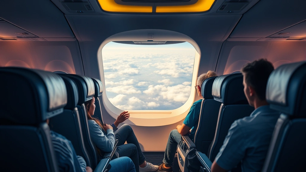 Bright airplane cabin interior with comfortable seats, warm lighting, and passengers relaxing during flight over clouds visible through window