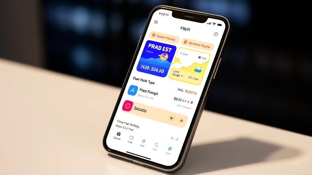 Smartphone screen displaying colorful flight booking app with star icons, prices, and route options with modern interface design