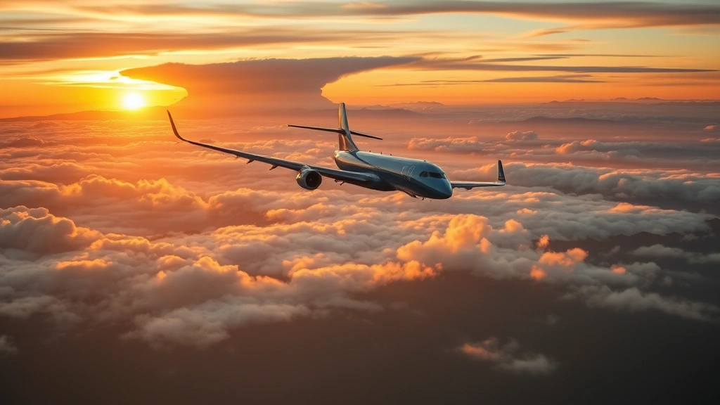 Aerial view of commercial airplane flying over scenic landscape with mountains and clouds during golden hour sunset