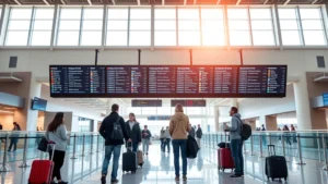 Modern airport terminal with passengers checking flight information on digital displays, bright natural lighting, contemporary architecture, travelers with luggage looking at overhead screens showing flight statuses and gate assignments