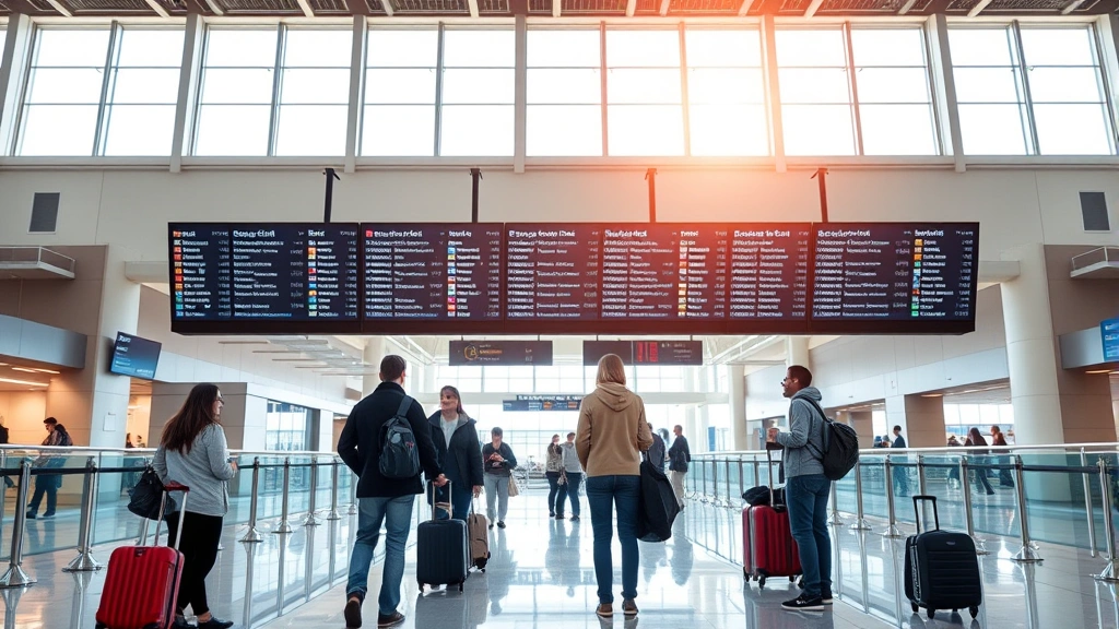 Modern airport terminal with passengers checking flight information on digital displays, bright natural lighting, contemporary architecture, travelers with luggage looking at overhead screens showing flight statuses and gate assignments