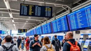 Busy airport terminal with departure boards displaying flight information and passengers checking flight status on mobile devices, modern aviation hub atmosphere