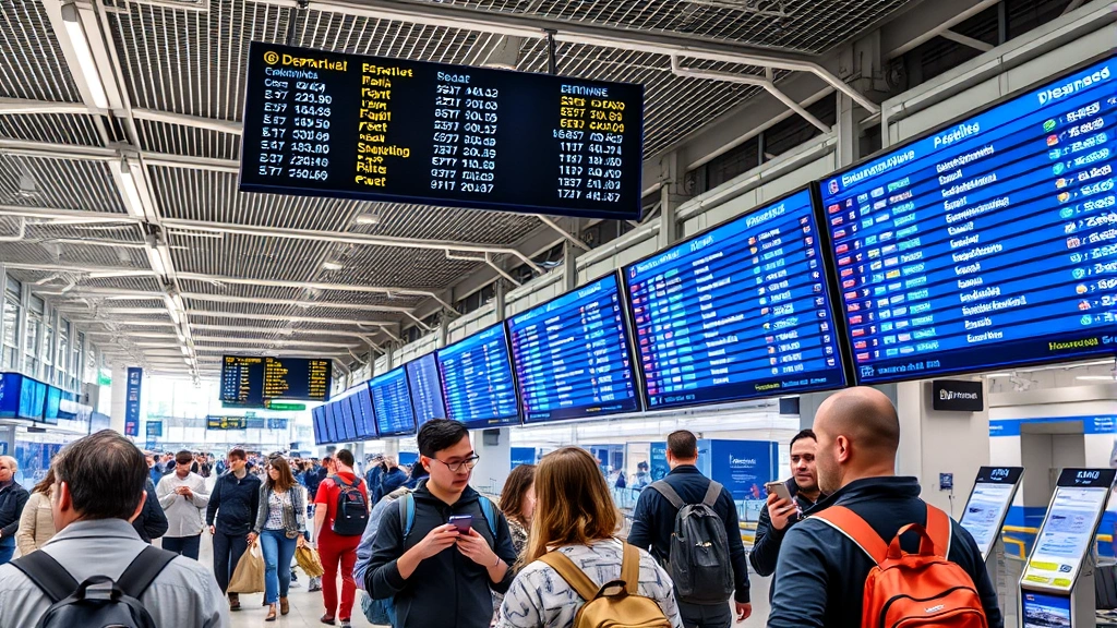 Busy airport terminal with departure boards displaying flight information and passengers checking flight status on mobile devices, modern aviation hub atmosphere