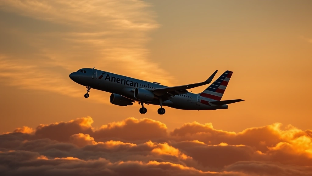 Commercial aircraft during takeoff at sunset, American Airlines plane ascending into golden sky with clouds below, dynamic motion captured, dramatic lighting with airplane silhouette against warm colored clouds
