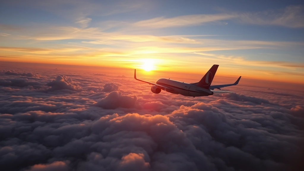 Aircraft in flight over clouds at sunset with tail number visible, capturing the journey and real-time tracking perspective from above