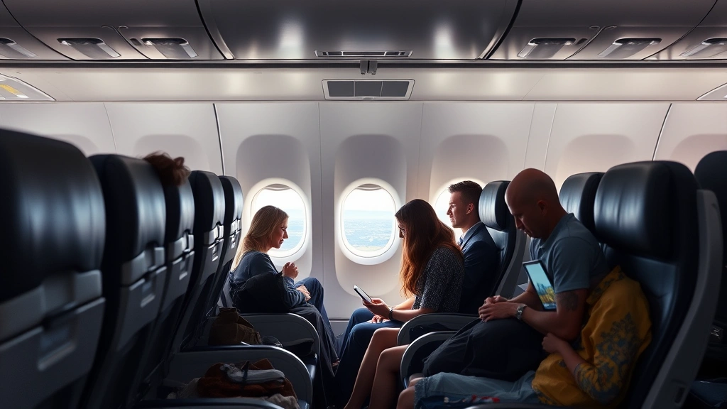 Airline passenger cabin interior with travelers seated comfortably, window seat view of landscape below, natural light streaming through airplane windows, passengers using devices and enjoying in-flight experience, bright cabin atmosphere