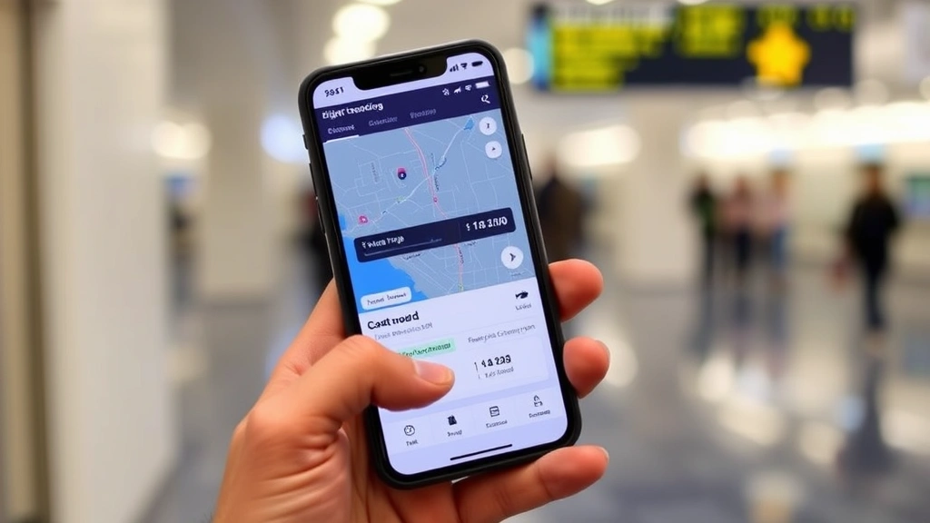 Passenger holding smartphone with flight tracking app open showing live aircraft location on map, gate information, and boarding details displayed clearly