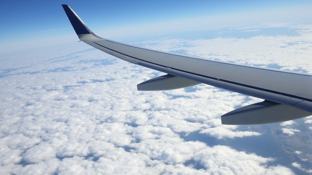 Aerial view of commercial aircraft in flight over landscape with clouds below, showing wing and fuselage details, daytime conditions