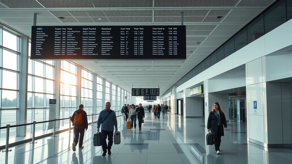 Modern airport terminal interior with departures board displaying flight information, passengers walking through spacious corridor with natural light from windows