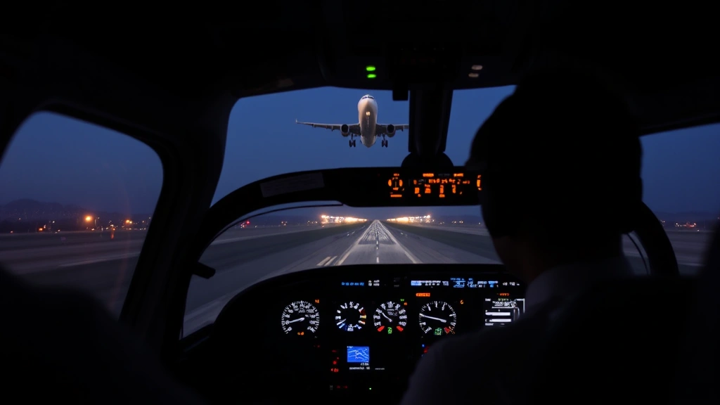 Pilot cockpit view through windscreen during takeoff or landing with runway lights and aircraft instruments visible, professional aviation photography