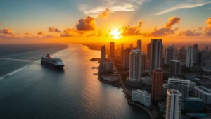 Aerial sunset view of Miami skyline with ocean, cruise ships, and colorful buildings reflecting golden hour light, travel photography style