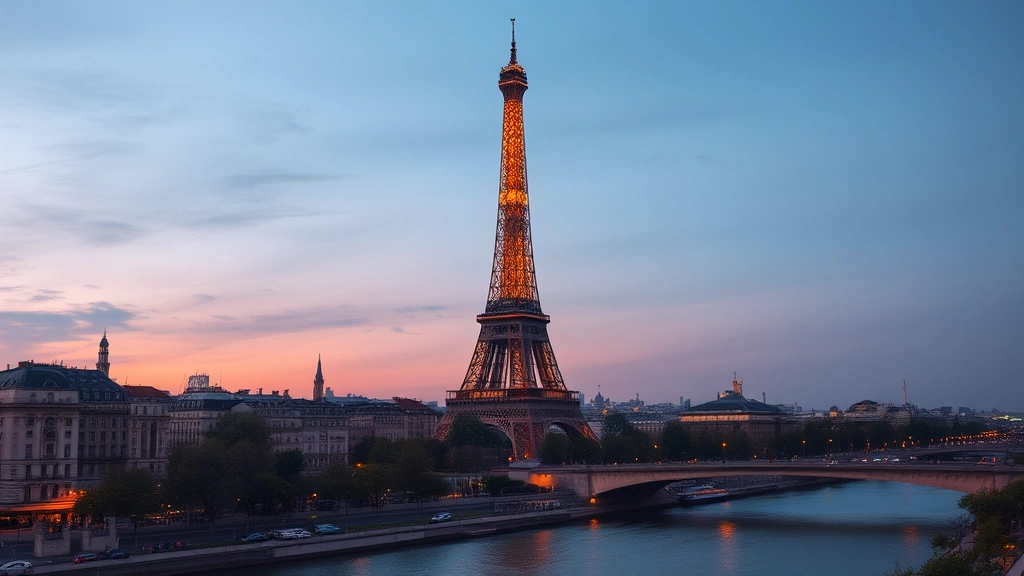 Eiffel Tower at dusk with Seine River, Parisian architecture, street lamps glowing, romantic European cityscape photography