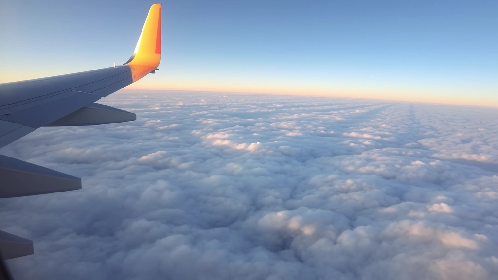 Modern airplane window view during flight with clouds below, wing visible, sunrise colors, commercial travel photography