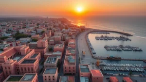 Aerial view of Dakar, Senegal with pink colonial architecture, ocean coastline, and bustling port city at golden hour sunset