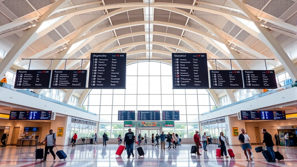 Busy Blaise Diagne International Airport departure hall with modern architecture, travelers with luggage, departure boards showing destinations