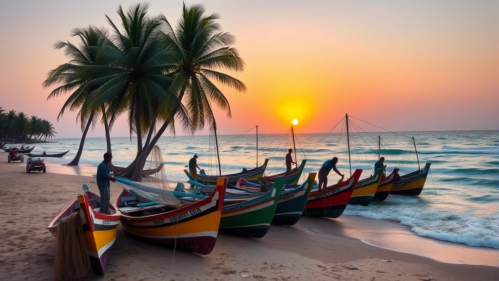 Colorful fishing boats lined up on Senegal's beach at sunrise with fishermen preparing nets, vibrant turquoise water and palm trees