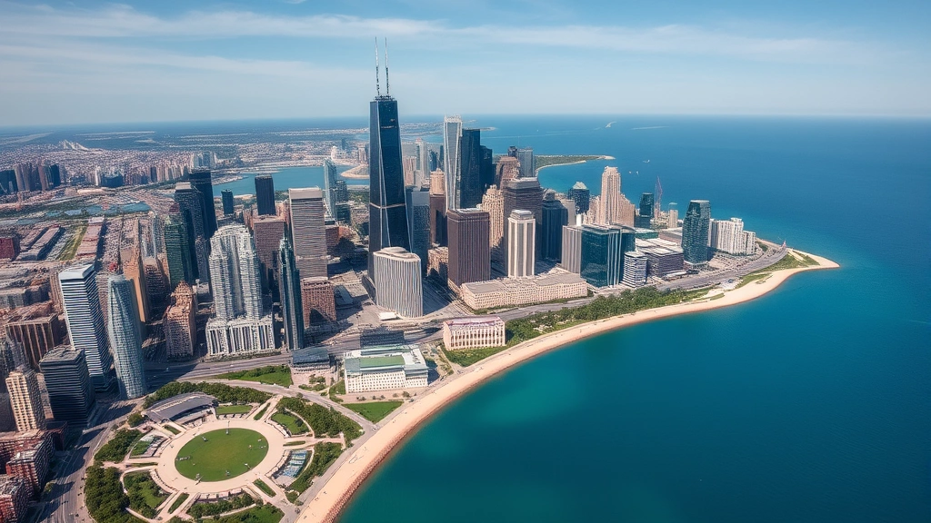Aerial photograph of Chicago skyline featuring Lake Michigan, Willis Tower, downtown skyscrapers, and waterfront parks during daytime with clear sky and blue water